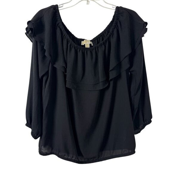 Michael Michael Kors Black Semi Sheer Blouse XL Off Shoulder Ruffle Minimalist - Picture 1 of 9